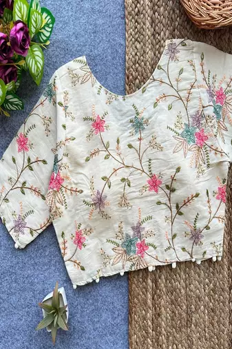 Off white floral embroidered cotton designer readymade saree blouse for women festive party wear