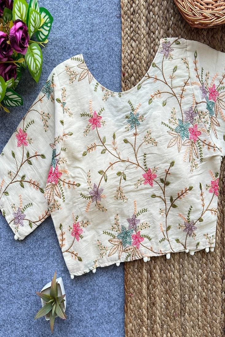 Off white floral embroidered cotton designer readymade saree blouse for women festive party wear