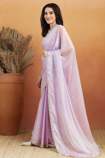 Lavender plain tissue festive wear saree with blouse piece