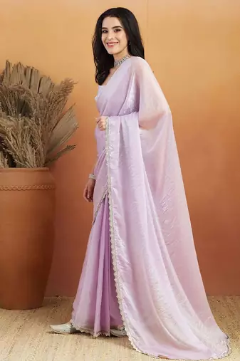 Lavender plain tissue festive wear saree with blouse piece