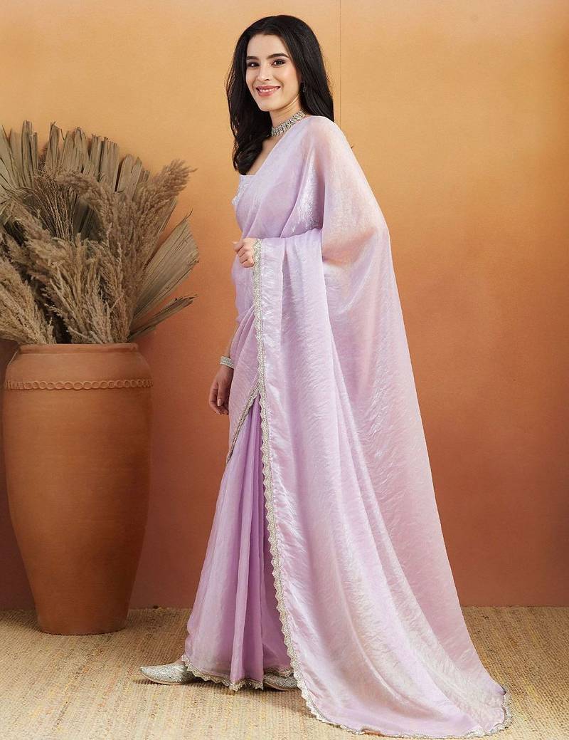 Lavender plain tissue festive wear saree with blouse piece
