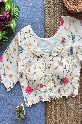 Off white floral embroidered cotton designer readymade saree blouse for women festive ethnic wear