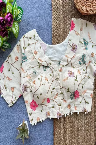Off white floral embroidered cotton designer readymade saree blouse for women festive ethnic wear