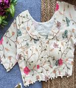 Off white floral embroidered cotton designer readymade saree blouse for women festive ethnic wear