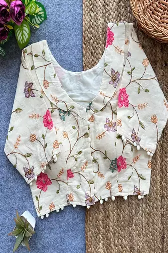 Off white floral embroidered cotton designer readymade saree blouse for women festive ethnic wear