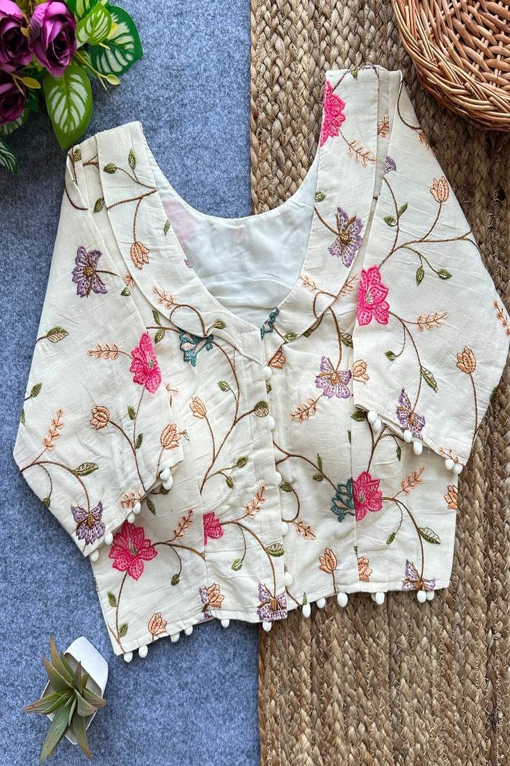 Off white floral embroidered cotton designer readymade saree blouse for women festive ethnic wear