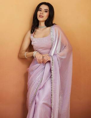 Lavender plain tissue festive wear saree with blouse piece 4
