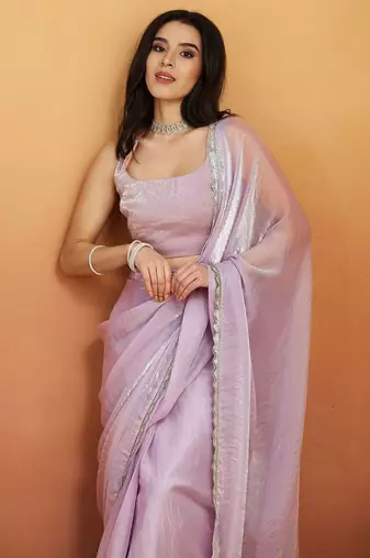 Lavender plain tissue festive wear saree with blouse piece