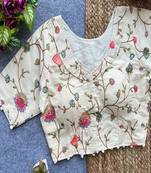 Off white floral embroidered cotton designer readymade saree blouse for women festive party wear
