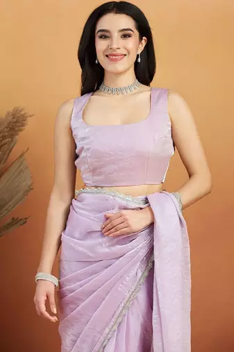 Lavender plain tissue festive wear saree with blouse piece