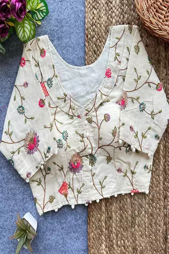 Off white floral embroidered cotton designer readymade saree blouse for women festive party wear