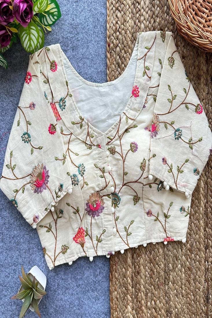 Off white floral embroidered cotton designer readymade saree blouse for women festive party wear