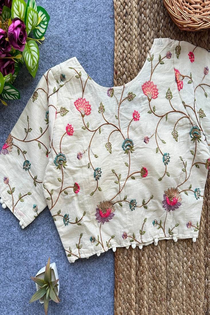 Off white floral embroidered cotton designer readymade saree blouse for women festive party wear