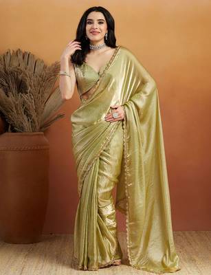 Green plain tissue festive wear saree with blouse piece 3