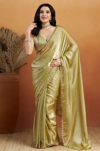 Green plain tissue festive wear saree with blouse piece