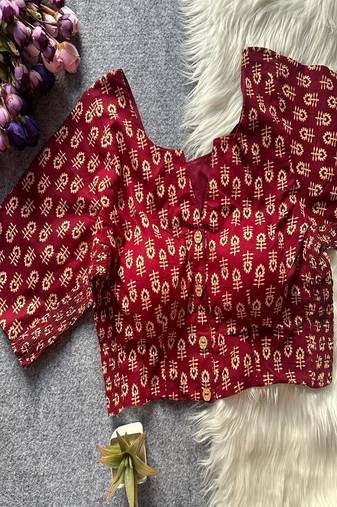 Maroon printed cotton designer readymade saree blouse for women festive traditional ethnic wear