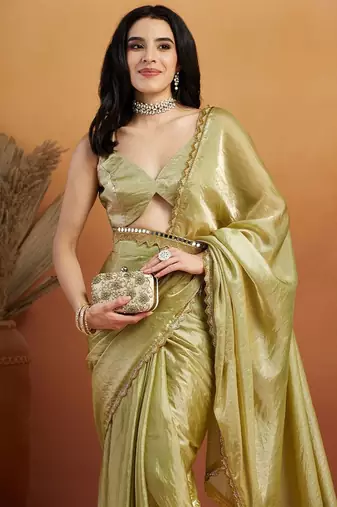 Green plain tissue festive wear saree with blouse piece