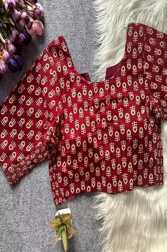 Maroon printed cotton designer readymade saree blouse for women festive traditional ethnic wear