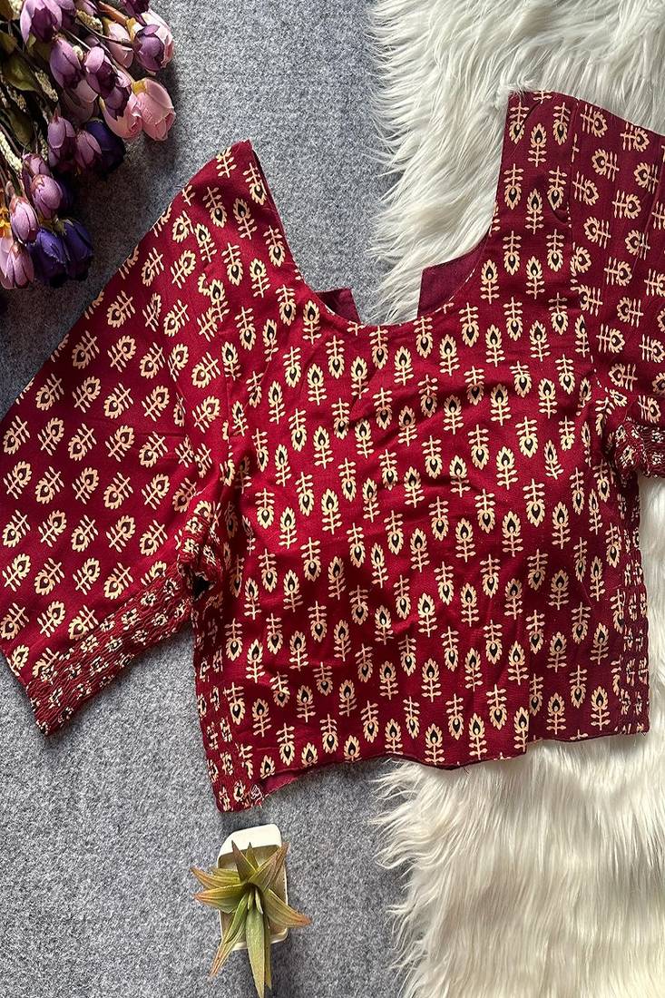 Maroon printed cotton designer readymade saree blouse for women festive traditional ethnic wear