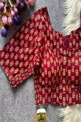 Maroon printed cotton designer readymade saree blouse for women festive traditional ethnic wear