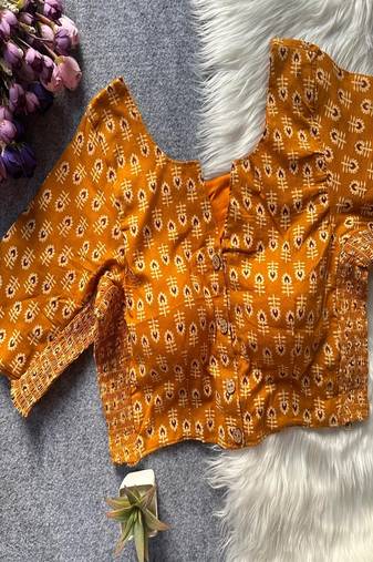 Mustard printed cotton designer readymade saree blouse for women festive traditional ethnic wear
