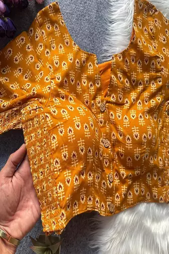 Mustard printed cotton designer readymade saree blouse for women festive traditional ethnic wear