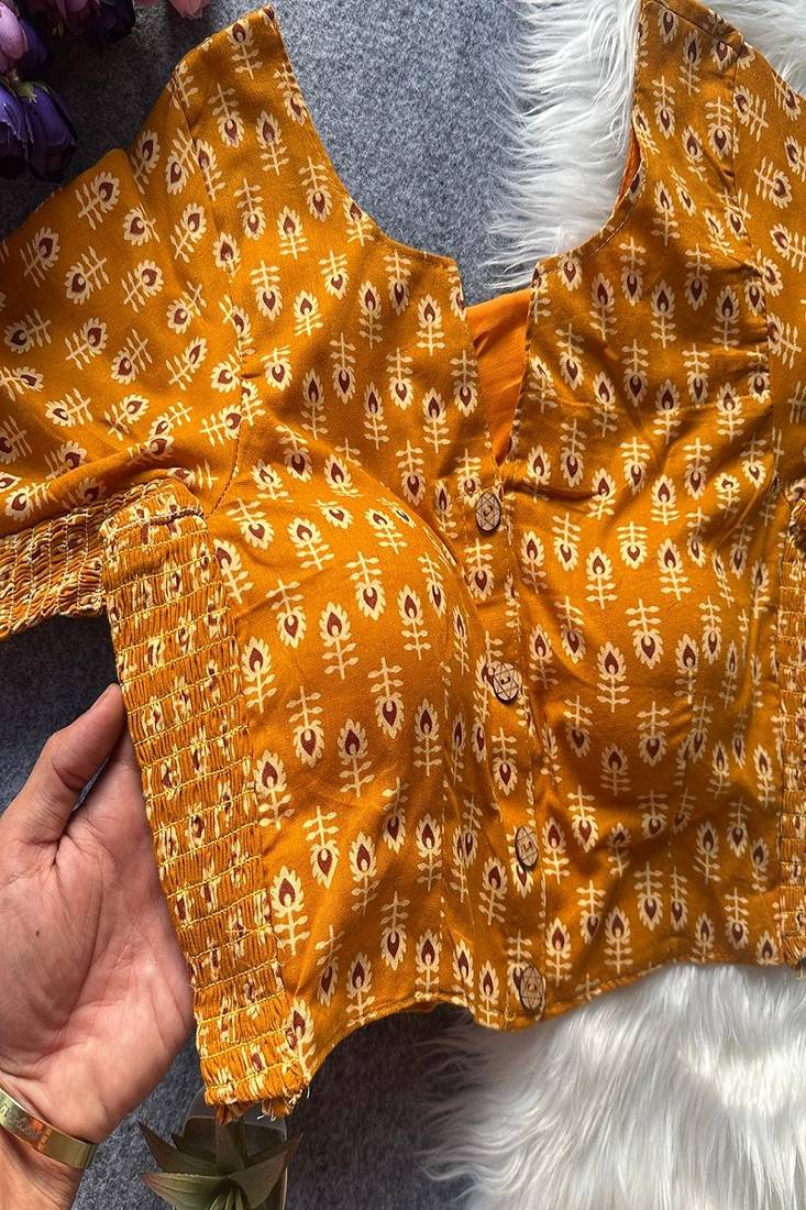 Mustard printed cotton designer readymade saree blouse for women festive traditional ethnic wear
