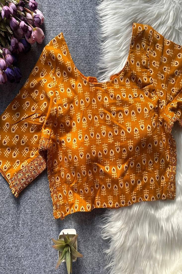Mustard printed cotton designer readymade saree blouse for women festive traditional ethnic wear
