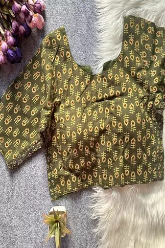 Olive green printed cotton designer readymade saree blouse for women festive traditional ethnic wear