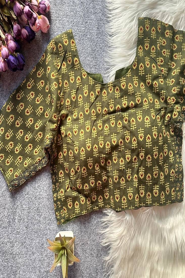 Olive green printed cotton designer readymade saree blouse for women festive traditional ethnic wear