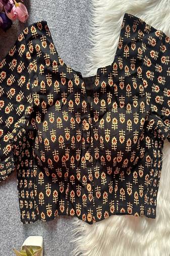 Black printed cotton designer readymade saree blouse for women festive traditional ethnic wear