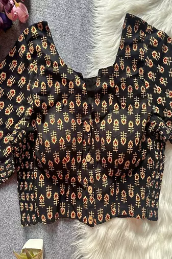 Black printed cotton designer readymade saree blouse for women festive traditional ethnic wear