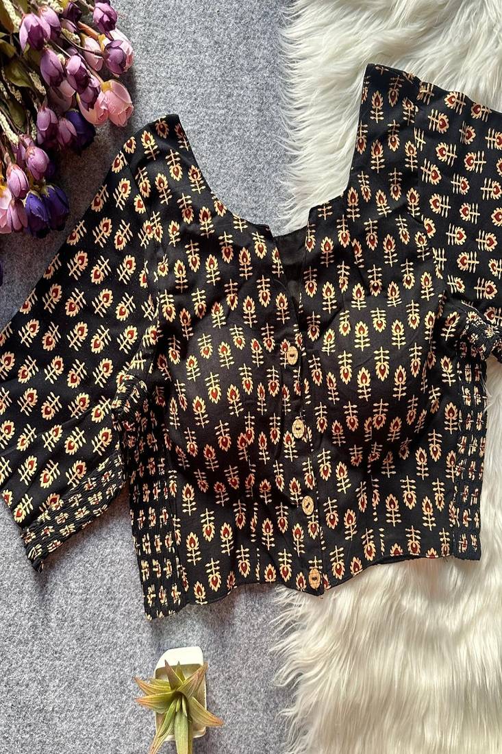 Black printed cotton designer readymade saree blouse for women festive traditional ethnic wear
