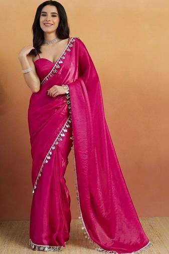 Magenta plain tissue festive wear saree with blouse piece
