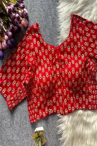 Red printed cotton designer readymade saree blouse for women festive traditional ethnic wear