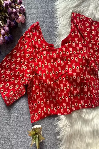 Red printed cotton designer readymade saree blouse for women festive traditional ethnic wear