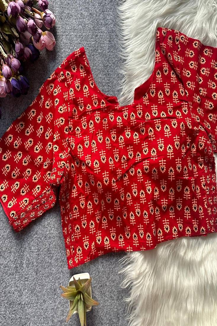 Red printed cotton designer readymade saree blouse for women festive traditional ethnic wear