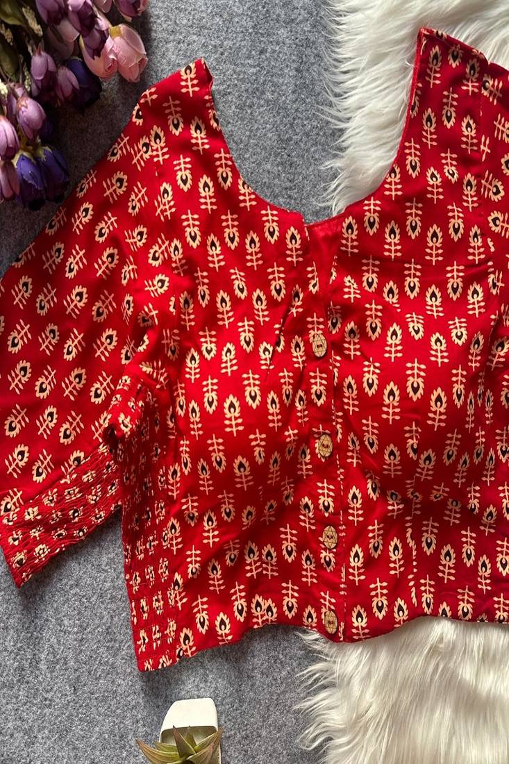 Red printed cotton designer readymade saree blouse for women festive traditional ethnic wear