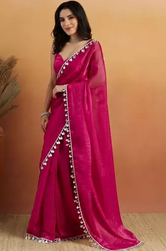 Magenta plain tissue festive wear saree with blouse piece