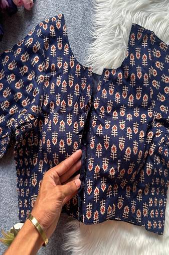 Navy blue printed cotton designer readymade saree blouse for women festive traditional ethnic wear