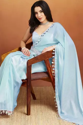 Turquoise blue plain tissue festive wear saree with blouse piece