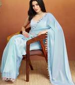 Turquoise blue plain tissue festive wear saree with blouse piece