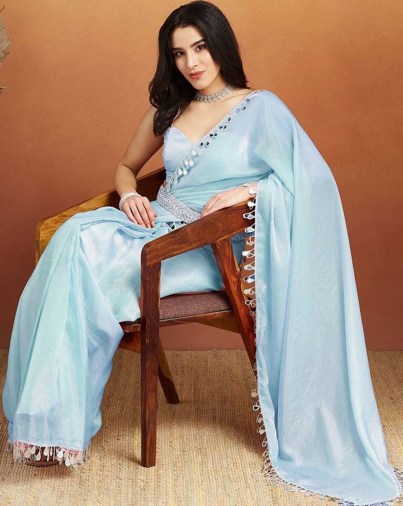 Turquoise blue plain tissue festive wear saree with blouse piece