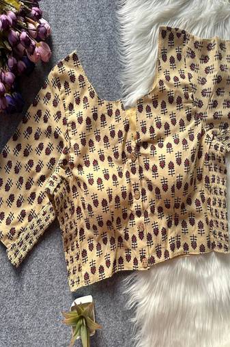 Beige printed cotton designer readymade saree blouse for women festive traditional ethnic wear