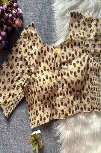 Beige printed cotton designer readymade saree blouse for women festive traditional ethnic wear