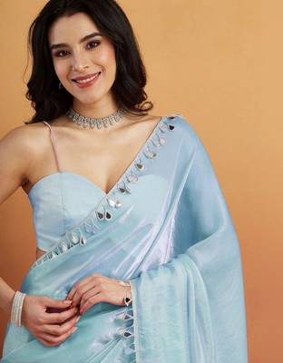 Turquoise blue plain tissue festive wear saree with blouse piece 3