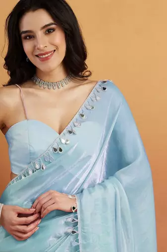 Turquoise blue plain tissue festive wear saree with blouse piece