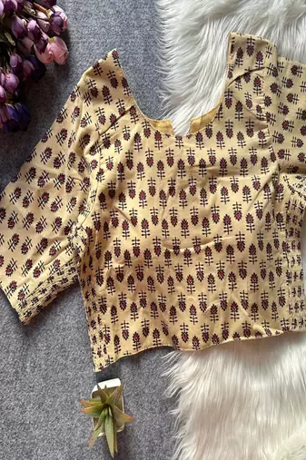 Beige printed cotton designer readymade saree blouse for women festive traditional ethnic wear
