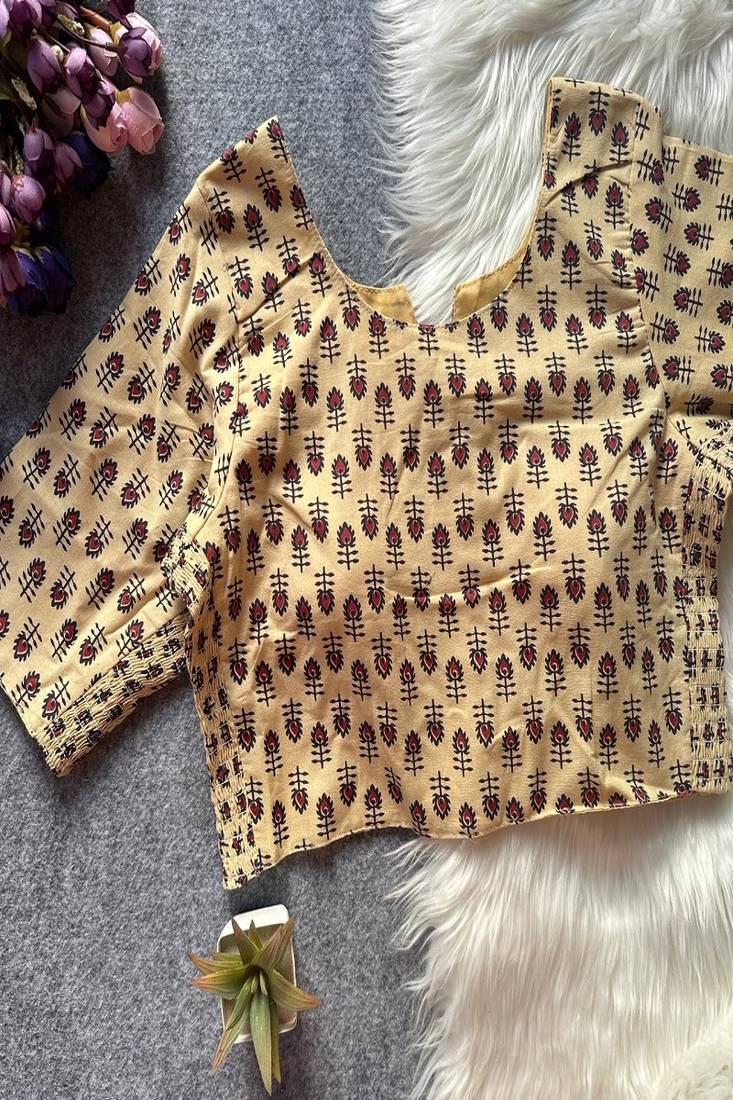 Beige printed cotton designer readymade saree blouse for women festive traditional ethnic wear