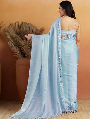 Turquoise blue plain tissue festive wear saree with blouse piece 4